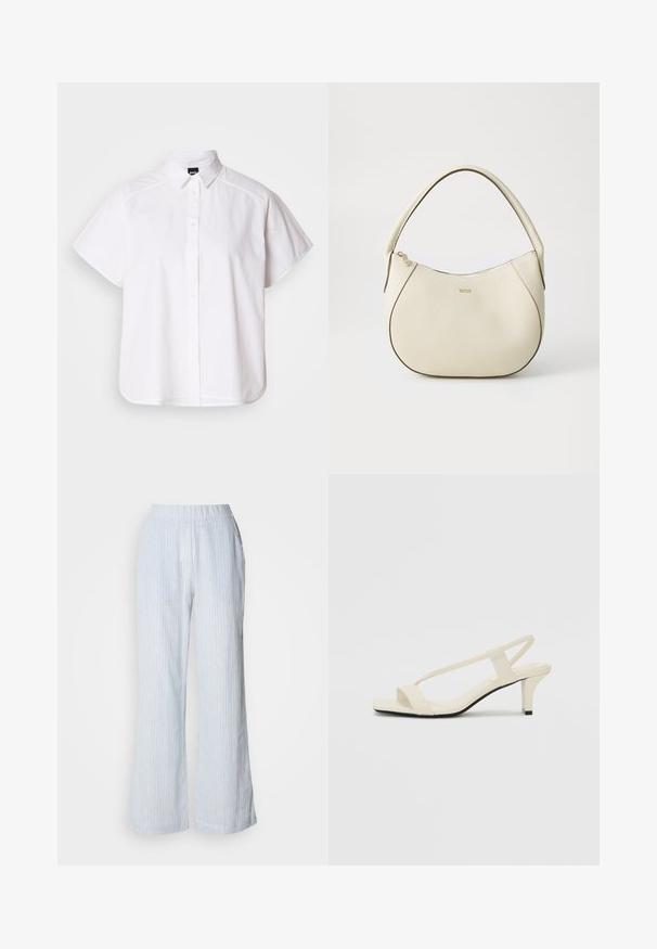 Hvit kortermet skjorte med knapper, spiss krage og buet skjortekant. Laget av bomull med en glatt tekstur og uten synlige mønstre.; Lyseblå vide bukser med vertikale hvite og røde striper. Har strikk i midjen og sidelommer. Glatt bomullslignende tekstur.; Beige blokk-høydesandaler med tynne stropper og firkantet tå. Glatt materiale med minimale detaljer, designet for enkel bruk.; Kremfarget håndveske med teksturert overflate, buet form, kort håndtak og gullfarget logo. Glidelås lukking på toppen.
