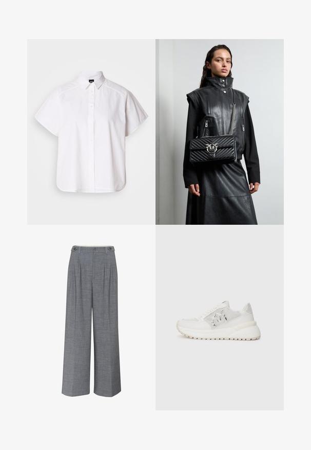 Valkoinen lyhythihainen nappikauluspaita, jossa on terävä kaulus ja kaareva helma. Valmistettu puuvillasta, jossa on sileä pinta ja ei havaittavissa olevia kuvioita.; Harmaat leveälahkeiset housut, jotka on valmistettu teksturoidusta kankaasta, ja joissa on kaksinkertainen nappisulku sekä etuotsat lisädesign-yksityiskohtana.; Valkoiset tennarit, joissa on verkkokangasta ja nahkaa, erottuva logoyksityiskohta, nauhakitka, paksu pohja ja teksturoidut yksityiskohdat.; Musta nahkastakki korkean kauluksen kanssa, vetoketjulliset taskut, ja musta tikattu käsilaukku, jossa on hopeanvärisiä yksityiskohtia, yhdistettynä pitkiin mustiin hameisiin.