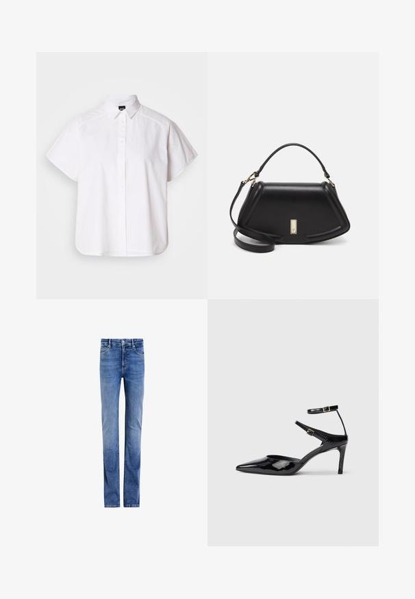 Valkoinen lyhythihainen nappikauluspaita, jossa on terävä kaulus ja kaareva helma. Valmistettu puuvillasta, jossa on sileä pinta ja ei havaittavissa olevia kuvioita.; Vaaleansiniset farkut, joissa on suora lahje, viisi taskua ja klassinen napitus edessä. Haalea pesu, jossa on hienovaraiset kulumiset.; Mustat lakatut korkokengät, joissa on terävä kärki, säädettävät nilkkahihnat ja hoikka korko. Suora pinta, joka näyttää kiiltävältä.; Mustalla nahkalaukulla, jossa on jämäkkä muotoilu, lyhyt malli, yläkahva ja kultaiset yksityiskohdat. Säädettävä olkahihna sisältyy.