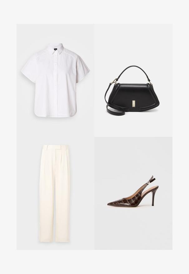 White short-sleeve button-up shirt with a pointed collar and curved hem. Made from cotton with a smooth texture and no visible patterns.; Light beige wide-leg trousers with a smooth texture, featuring front pleats and a flat waistband. No visible fastenings or pockets.; Brown, crocodile-embossed leather slingback pump with pointed toe, open sides, and a thin high heel. Designed with a buckle adjustment.; Black leather handbag with a structured design, featuring a cropped shape, top handle, and gold hardware accent. Adjustable shoulder strap included.
