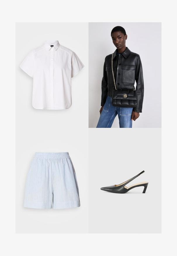 Weißes kurzärmliges Hemd mit Knopfleiste, spitzem Kragen und abgerundetem Saum. Hergestellt aus Baumwolle mit glatter Textur und ohne sichtbare Muster.; Helle blaue Shorts mit vertikalen weißen und dunkelblauen Streifen. Verfügt über einen elastischen Bund und eine lockere Passform. Hergestellt aus einem weichen Material.; Schwarzer spitz zulaufender Slingback-Schuh mit niedrigem Absatz, der aus glattem Leder gefertigt ist und seitliche Ausschnitte für Atmungsaktivität aufweist.; Schwarze Lederjacke mit Knopfverschluss und zwei vorderen Taschen, kombiniert mit einer schwarzen gesteppte Handtasche mit goldener Schnalle und Kettenriemen.
