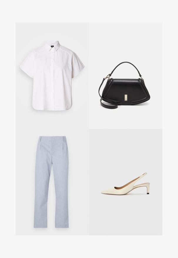 Hvit kortermet skjorte med knapper, spiss krage og buet skjortekant. Laget av bomull med en glatt tekstur og uten synlige mønstre.; Lys blå skreddersydde bukser med et jevnt stoff, rett ben design og to frontlommer. Har subtile folder i midjen.; Sko med spiss tå og slingback i off-white skinn, med lav hæl og utskårent design, med en glatt tekstur og minimale detaljer.; Sort lærveske med en strukturert design, som har en avkortet form, topphåndtak og detaljer i gull. Justerbar skulderstropp inkludert.