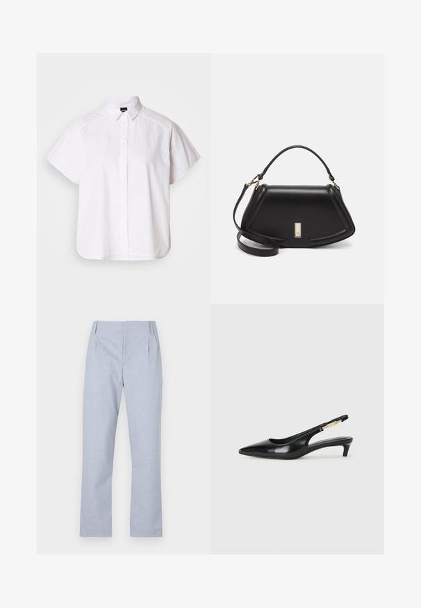 Hvit kortermet skjorte med knapper, spiss krage og buet skjortekant. Laget av bomull med en glatt tekstur og uten synlige mønstre.; Lys blå skreddersydde bukser med et jevnt stoff, rett ben design og to frontlommer. Har subtile folder i midjen.; Sorte lærreim hæler med spiss tå, som har en slank hæl og en gullfarget detalj på den justerbare stroppen. Glatt tekstur.; Sort lærveske med en strukturert design, som har en avkortet form, topphåndtak og detaljer i gull. Justerbar skulderstropp inkludert.