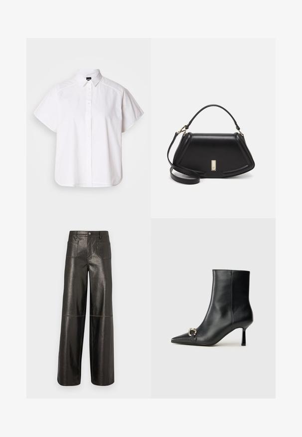 White short-sleeve button-up shirt with a pointed collar and curved hem. Made from cotton with a smooth texture and no visible patterns.; Guess Originals PATCH POCKET - Trousers - jet black; Black leather ankle boot with pointed toe, slim mid-height heel, and silver buckle detail on side against plain background.; Black leather handbag with a structured design, featuring a cropped shape, top handle, and gold hardware accent. Adjustable shoulder strap included.