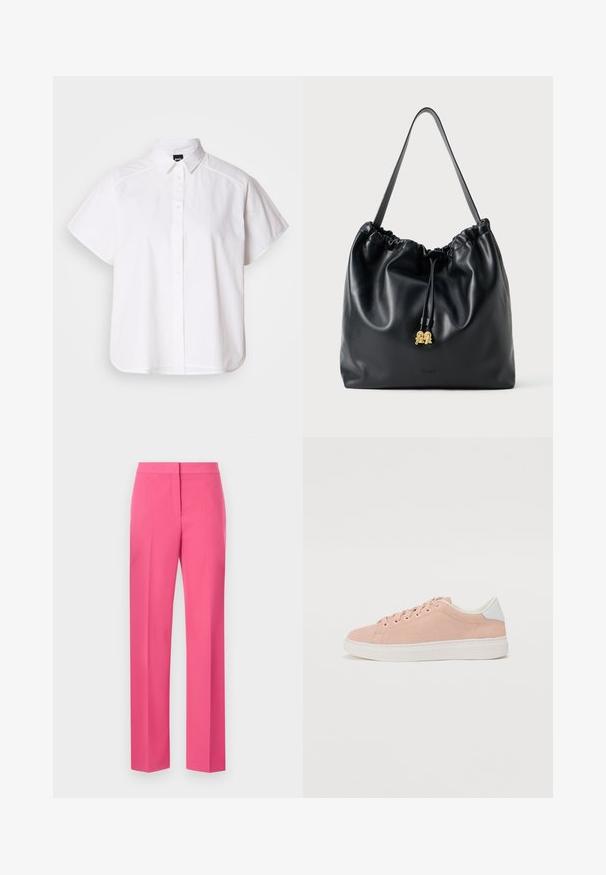 Balta trumpomis rankovėmis marškinėlių su atlenkiamu apykakle ir kreiva apačia. Pagaminta iš medvilnės, su sklandžiu paviršiumi ir be matomų raštų.; Rožinės pritaikytos kelnės su tiesiomis kojomis, pasižyminčios lygiu paviršiumi ir aštriomis raukšlėmis priekyje.; Šviesiai rožiniai zomšiniai sportbačiai su balta guma apatinėje dalyje, su apvaliu pirštu ir baltu kulno akcentu. Yra plokščios raišteliai ir minimalus prekės ženklas šone.; Juodas odinis maišelis su virvute, turintis lygią tekstūrą, susiraukšlėtą viršų ir subtilų auksinį apdailą. Turi vieną tvirtą diržą ir įspaustą logotipą.