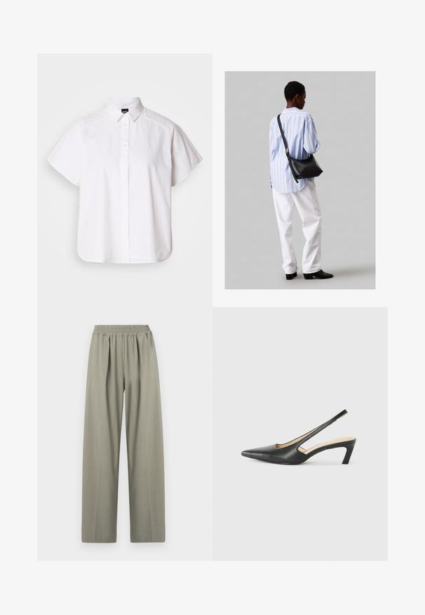 Balta īsajām piedurknēm krekls ar pogām un norādītu apkakli, kā arī viļņotu apakšmalu. Izgatavots no kokvilnas ar gludu tekstūru un bez redzamām rakstām.; Augstās jostasvietas, gaiši pelēkas, plašas bikses ar elastīgu jostasvietu un krokām priekšpusē.; Melna, ar smailu purngalu, slingback kurpe ar zemu papēdi, izgatavota no gludas ādas materiāla un ar izgriezumiem sānos gaisa caurlaidībai.; Melna ādas plecu soma ar mīkstu tekstūru, trīsstūra formu un regulējamu siksnu, apvienota ar gaiši zilu svītrotu krekli un baltām biksēm.