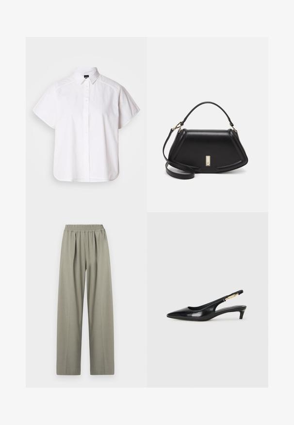 Hvit kortermet skjorte med knapper, spiss krage og buet skjortekant. Laget av bomull med en glatt tekstur og uten synlige mønstre.; Høy midje, lysegrå vide bukser med elastisk midjebånd og legg foran.; Sorte lærreim hæler med spiss tå, som har en slank hæl og en gullfarget detalj på den justerbare stroppen. Glatt tekstur.; Sort lærveske med en strukturert design, som har en avkortet form, topphåndtak og detaljer i gull. Justerbar skulderstropp inkludert.