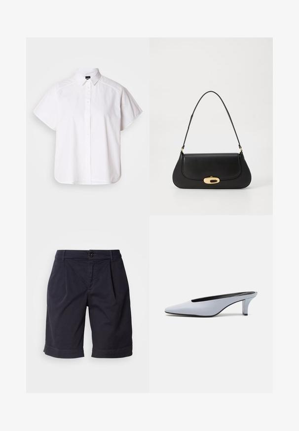 Hvit kortermet skjorte med knapper, spiss krage og buet skjortekant. Laget av bomull med en glatt tekstur og uten synlige mønstre.; Marineblå bomullsshorts med plisserte detaljer, knappefeste og rullet kant. Jevn tekstur, kne-lengde og funksjonelle sidelommer.; Lys blå patentlær mule med spiss tå, lav gjennomsiktig hæl og en elegant design med utskjæring på vampen.; Svart lærveske med en buet design, gullfarget hardware og et håndtak på toppen. Har en elegant lukking og glatt tekstur.