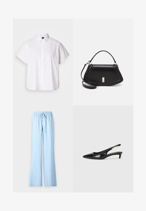 Camisa blanca de manga corta con botones, cuello con puntas y dobladillo curvado. Fabricada en algodón con una textura suave y sin patrones visibles.; Pantalones de pierna ancha en azul claro con cintura elástica, cordón y dos bolsillos frontales. Elaborados con una suave tela texturizada.; Tacones negros de piel sintética tipo slingback con punta afilada, que cuentan con un tacón delgado y un detalle en tono dorado en la correa ajustable. Textura suave.; Bolso de mano de cuero negro con un diseño estructurado, que presenta una forma recortada, asa superior y acentos en dorado. Correa de hombro ajustable incluida.