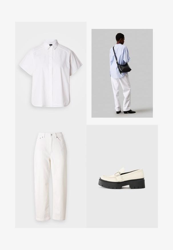 Cămașă albă cu mânecă scurtă, cu nasturi, guler ascuțit și margine curbă. Fabricată din bumbac, cu o textură netedă și fără modele vizibile.; Jeans din denim alb cu un design drept, talie înaltă, fermoar și închidere cu nasture metalic. Prezintă cinci buzunare și o cusătură discretă.; Lofer alb din piele, cu o talpă platformă masivă neagră, având o cataramă rectangulară din argint și detalii vizibile de cusătură pe partea superioară.; Geantă de umăr din piele neagră cu o textură moale, formă triunghiulară și curea ajustabilă, asortată cu o bluză cu dungi albastre deschise și pantaloni albi.