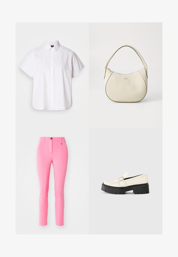 White short-sleeve button-up shirt with a pointed collar and curved hem. Made from cotton with a smooth texture and no visible patterns.; Pink tailored pants made of stretchy fabric, featuring a front button closure, slim fit, and vertical seams for a streamlined look.; White leather loafer with a chunky black platform sole, featuring a rectangular silver buckle and visible stitching detail on the upper.; Cream-colored handbag with a textured finish, curved shape, short handle, and gold-tone logo detail. Zipper closure at the top.
