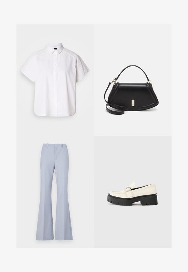 White short-sleeve button-up shirt with a pointed collar and curved hem. Made from cotton with a smooth texture and no visible patterns.; Light blue flared trousers with a smooth texture, featuring a flat front, two side pockets, and a clean waistband.; White leather loafer with a chunky black platform sole, featuring a rectangular silver buckle and visible stitching detail on the upper.; Black leather handbag with a structured design, featuring a cropped shape, top handle, and gold hardware accent. Adjustable shoulder strap included.