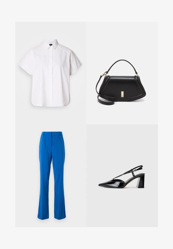 Cămașă albă cu mânecă scurtă, cu nasturi, guler ascuțit și margine curbă. Fabricată din bumbac, cu o textură netedă și fără modele vizibile.; Pantaloni eleganți albastre cu talie înaltă, față pliată și picioare evazate cu fante laterale, confecționați dintr-un material neted și ușor.; Pantofi cu toc înalt din piele patent neagră, cu vârf ascuțit, curea ajustabilă și toc pătrat chunky.; Geantă de umăr din piele neagră, cu un design structurat, având o formă tăiată, mânere superioare și accente din aur. Include o curea de umăr ajustabilă.