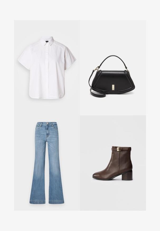 White short-sleeve button-up shirt with a pointed collar and curved hem. Made from cotton with a smooth texture and no visible patterns.; Light blue flared jeans made of denim, featuring a high waist, front pockets, and a hem with slight fading for texture.; Brown leather ankle boot with a rounded toe, low block heel, and a decorative buckle strap at the ankle. Smooth texture and sleek design.; Black leather handbag with a structured design, featuring a cropped shape, top handle, and gold hardware accent. Adjustable shoulder strap included.