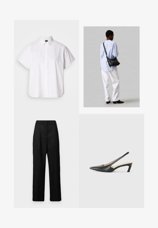 Bílá košile s krátkým rukávem a zapínáním na knoflíky, s špicatým límečkem a zakřiveným spodním lemem. Vyrobena z bavlny, má hladkou texturu a žádné viditelné vzory.; Černé kalhoty s širokými nohavicemi vyrobené z hladké látky, s vysokým pasem a předními sklady pro upravený vzhled. Žádné viditelné kapsy.; Černý špičatý slingback s nízkým podpatkem, vyrobený z hladké kůže, s výřezem na boku pro lepší prodyšnost.; Černá kožená kabelka přes rameno s jemnou texturou, trojúhelníkovým tvarem a nastavitelným popruhem, v kombinaci se světle modrou pruhovanou košilí a bílými kalhotami.