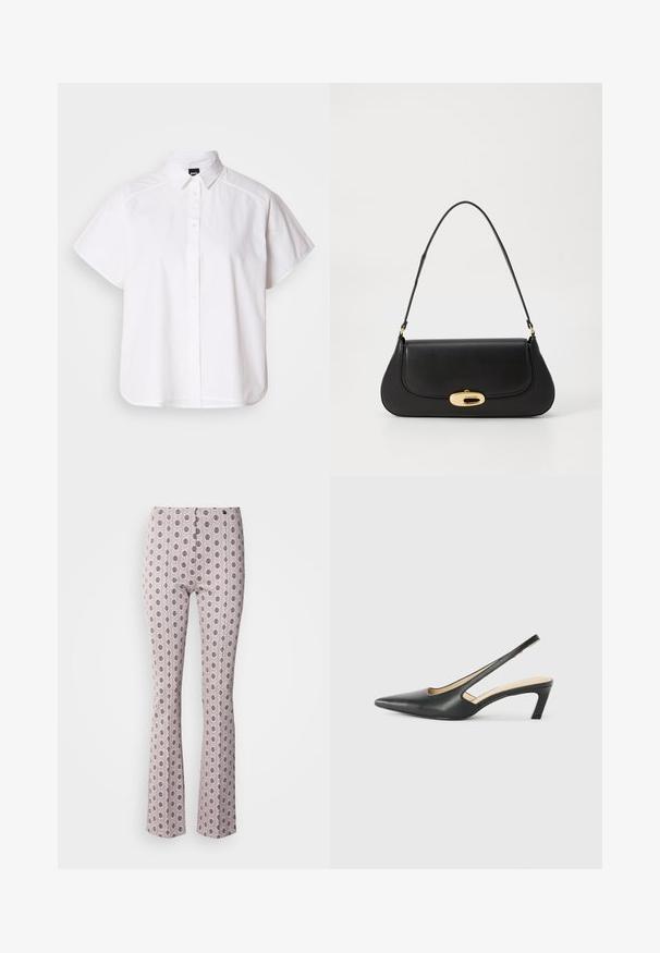 Chemise blanche à manches courtes, à boutons, avec un col pointu et un ourlet arrondi. Fabriquée en coton, elle possède une texture lisse et sans motifs visibles.; Pantalons évasés en tissu rose clair présentant un motif circulaire complexe en noir. Design structuré avec une taille haute et des détails de coutures subtils.; Slingback noir à bout pointu avec un petit talon, en cuir lisse et doté d'un design découpé sur le côté pour plus de respirabilité.; Sac à main en cuir noir avec un design incurvé, matériel doré et une poignée sur le dessus. Présente une fermeture élégante et une texture lisse.