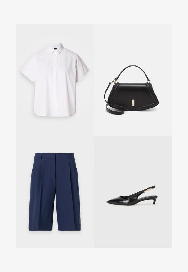Valkoinen lyhythihainen nappikauluspaita, jossa on terävä kaulus ja kaareva helma. Valmistettu puuvillasta, jossa on sileä pinta ja ei havaittavissa olevia kuvioita.; Tummansininen lyhyet housut, joissa on räätälöity malli, laskostettu etuosa, vyölenkit ja sileä kangas, polveen ulottuva malli.; Mustat nahkaiset slingback-korkokengät, joissa on terävä kärki, ohuet korot ja kultasävytteinen yksityiskohta säädettävässä hihnassa. Silkkinen pinta.; Mustalla nahkalaukulla, jossa on jämäkkä muotoilu, lyhyt malli, yläkahva ja kultaiset yksityiskohdat. Säädettävä olkahihna sisältyy.