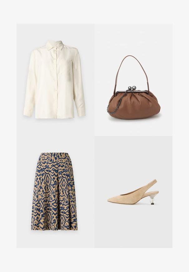 Cream-colored, long-sleeve button-up shirt in a smooth fabric with a collar and a single chest pocket. Minimal design and soft texture.; A knee-length skirt featuring a geometric print in navy blue and beige, with pleats and a smooth texture.; Beige suede slingback shoe with a pointed toe and a transparent, rounded heel. Smooth texture and minimalist design.; Brown leather handbag with a gathered design, a short leather handle, and a chain strap. Features a silver metal clasp with two round accents.