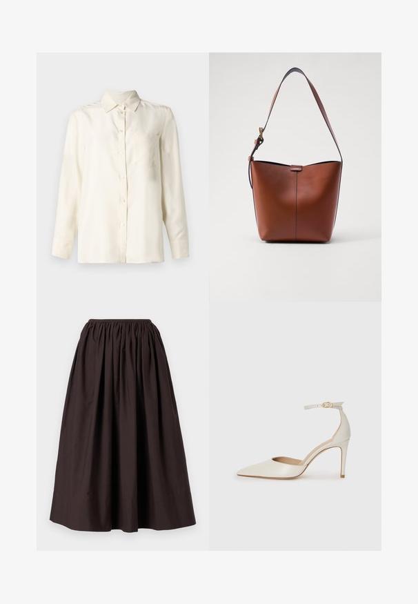 Kermanvärinen, pitkähihainen nappipaita sileästä kankaasta, jossa on kaulus ja yksi rintatasku. Minimalistinen muotoilu ja pehmeä tekstuuri.; Ruskea, nilkkapituisista kevyttä kangasta valmistettu hame, jossa on joustava vyötärö ja rypytetty muotoilu volyymiefektin saavuttamiseksi.; Valkoinen nahkainen korkokenkä, jossa on terävä kärkinen muoto, nilkkaremmi ja kapea korko. Suora pinta, jossa on hienovarainen kiiltävä viimeistely.; Kahvinahkainen olkalaukku, jossa on kaareva muoto, sileä pinta ja yksi ohut hihna. Sisältää hienovaraisen sauman ja pienen logotarkin.
