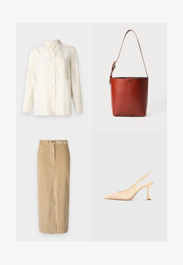 Cămașă crem, cu mâneci lungi, cu butoni, dintr-un material neted, cu guler și un singur buzunar pe piept. Design minimal și textură moale.; WEEKEND MaxMara GHIOTTO - Fustă maxi - beige; Pantof cu toc înalt, tip slingback, din plasă bej deschis, cu vârf ascuțit și toc subțire, curbat, având un accent de cataramă minimalistă.; Geantă de mână din piele maro, cu m解除at la umăr reglabil și cataramă aurie, detaliu simplu cu cusătura verticală pe față.