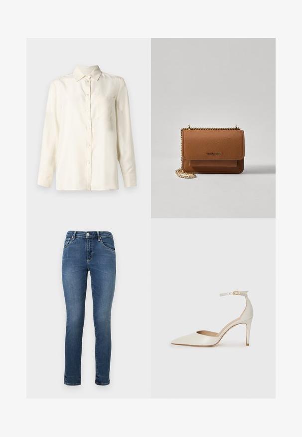 Kreminės spalvos, ilgomis rankovėmis marškiniai su mygtukais, pagaminti iš lygaus audinio, su apykakle ir viena krūtinės kišene. Minimalistinis dizainas ir minkšta tekstūra.; Tamsiai mėlynos džinsinės siaurėjančios kelnės su įprastu juosmeniu, penkiomis kišenėmis ir subtiliu išblukimu šlaunų srityje. Baigtos siūlėmis.; Balti odiniai aukštakulniai batai su smailiu priekiniu galu, kulkšnies dirželiu ir siauru stiletu. Lygi tekstūra su subtiliu blizgiu paviršiumi.; Ruda tekstūruota odinė per petį nešama rankinė su auksiniu grandininiu dirželiu ir užlenkiamo užsegimo. Priekinėje pusėje yra logotipo detalė ir kišenė po užlenkimu.