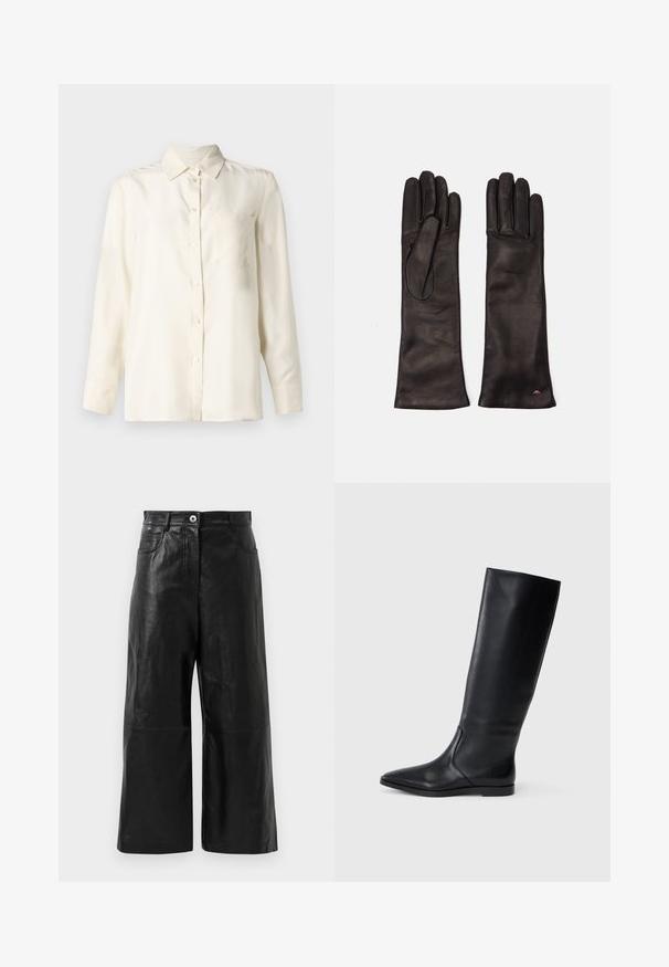 Chemise boutonnée à manches longues de couleur crème en tissu lisse, avec un col et une poche poitrine unique. Design minimal et texture douce.; Pantalons larges en cuir noir avec une texture lisse, dotés d'une fermeture éclair et de poches avant. Design minimaliste avec une longueur cropped.; Botte en cuir noir, montante jusqu'au genou, avec un bout pointu et un design minimaliste. Texture lisse et semelle plate, présentant des détails de couture discrets sur les côtés.; Weekend Max Mara SENAPE - Gants - nero