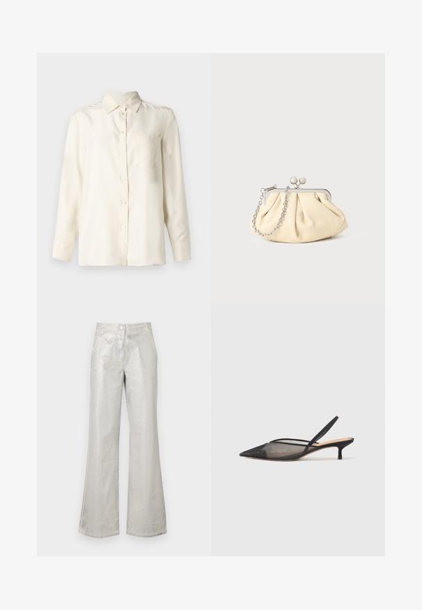 Cream-colored, long-sleeve button-up shirt in a smooth fabric with a collar and a single chest pocket. Minimal design and soft texture.; Silver flared pants made from a shiny material, featuring a front button closure, two pockets, and visible stitching details.; NEOUS IRENA - Classic heels - black; Pleated beige leather clutch with a silver metal frame, featuring two round decorative clasps and a silver chain strap.