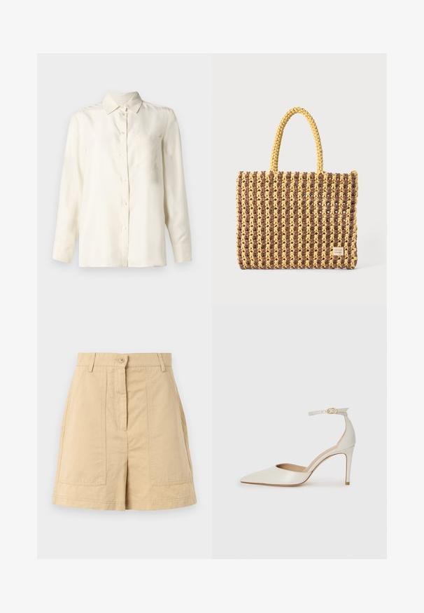 Chemise boutonnée à manches longues de couleur crème en tissu lisse, avec un col et une poche poitrine unique. Design minimal et texture douce.; Shorts en coton beige à taille haute, avec fermeture à bouton sur le devant, passants de ceinture et deux poches plaquées à l'avant. Texture lisse et design ajusté.; Chaussure à talon haut en cuir blanc avec un bout pointu, une bride de cheville et un talon aiguille fin. Texture lisse avec une finition légèrement brillante.; Sac tissé marron et jaune, de forme rectangulaire, avec deux poignées, et une finition texturée avec des coutures visibles et une étiquette de marque.