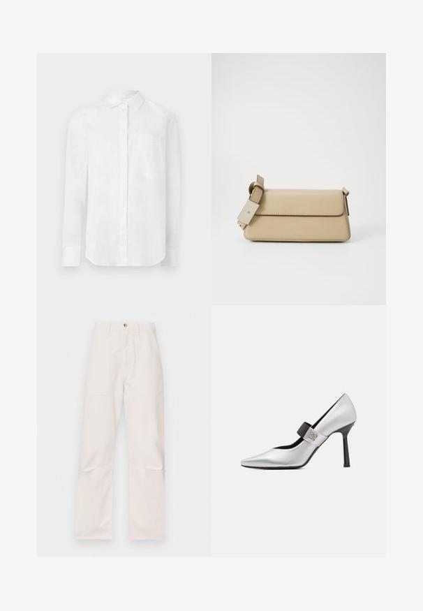 Cămașă albă cu mânecă lungă, cu guler și buzunar frontal la piept, având un design subtil brodat.; Pantaloni albi cu talie înaltă, confecționați dintr-un material moale, având două buzunare frontale, un design cu picior drept și un singur nasture de închidere în față.; Pantof înalt din piele argintie, cu vârf ascuțit, accent cu curea neagră și finisaj lucios, având o siluetă elegantă și toc subțire.; Geantă din piele ecologică bej cu închidere prin clapetă, curea ajustabilă și design minimalist. Prezintă cusături subtile și brand embosat.