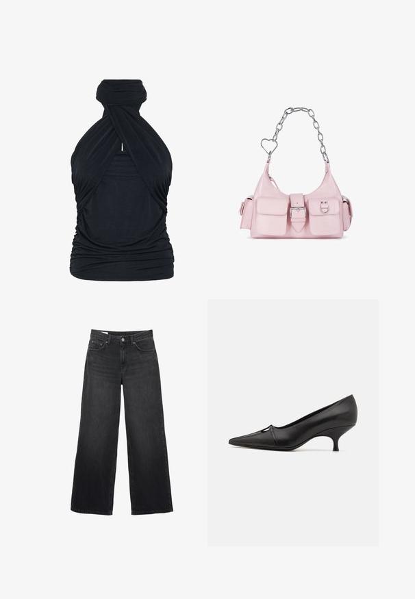 Crni top na halter, izrađen od mekanog materijala, s uvijenim dizajnom, nabranim detaljima u struku i visokim izrezom s kružnim završetkom.; Crne široke traperice napravljene od denima. Imaju klasičan dizajn s pet džepova, ravnu siluetu i prednje kopčanje na dugmad.; GIABORGHINI DANA - Klasične cipele s visokom petom - black; Ružičasta lažna kožna torba s srebrnim lančićem, akcentima u obliku srca, prednjim kopčanjem i dvije male džepove sprijeda.