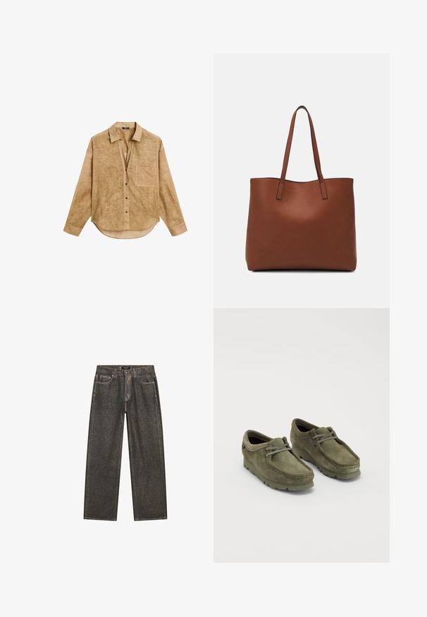 Hellbraunes Langarmhemd mit Kragen, Fronttasche, Knopfverschluss und leicht abgerundetem Saum. Texturiertes Material mit weichem Finish.; Dunkelgraue weit geschnittene Jeans aus Denim, mit einem klassischen Fünf-Taschen-Design, robuster Naht und einem Reißverschluss mit Knopfverschluss.; Grüne Wildlederschuhe mit runder Zehenform und Schnürdesign. Sie haben eine dicke Gummisohle und gestickte Details entlang des Obermaterials.; Braune Leder-Tote mit glatter Textur, offenem Oberteil und zwei Schulterriemen. Verfügt über minimale Nähte und keine sichtbaren Beschläge.
