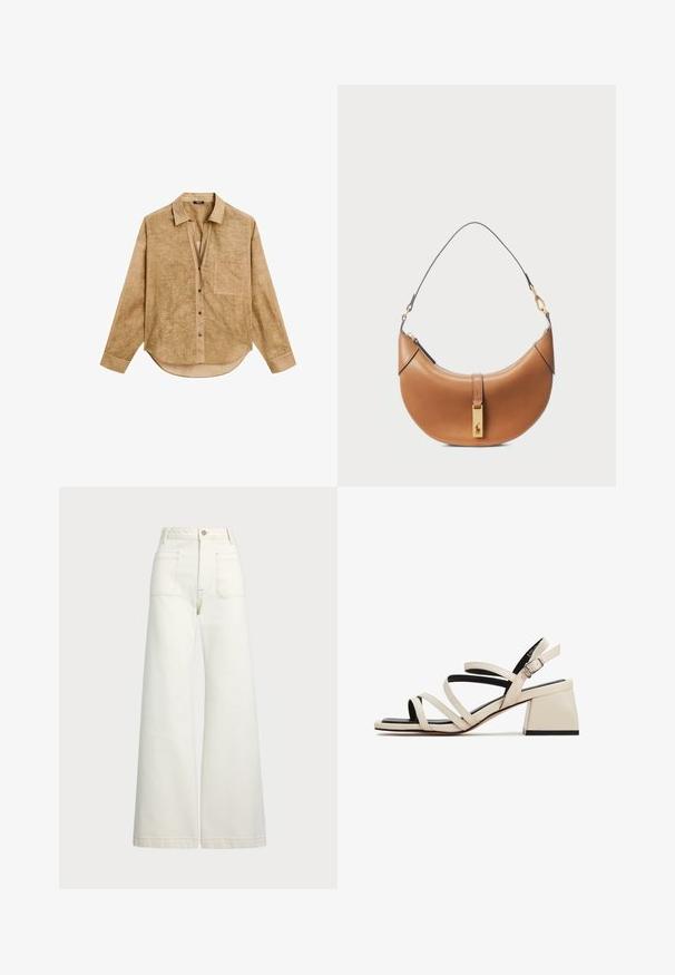 Světle hnědá košile s dlouhým rukávem, límcem, přední kapsou, zapínáním na knoflíky a mírně zakřiveným lemem. Texturovaná tkanina s jemným povrchem.; Džíny s širokými nohavicemi v off-white denim. Vysoký pas s knoflíkovým zapínáním, dvě přední kapsy a detaily kontrastního šití.; Sandály na podpatku s pásky v krémové kůži s blokovým podpatkem. Mají tenké pásky a černou podrážku, s nastavitelným páskem kolem kotníku.; Hnědá kožená kabelka s zakřiveným tvarem, zlatými detaily a tenkým ramenním popruhem. Obsahuje zipové uzavření a logo na přední straně.