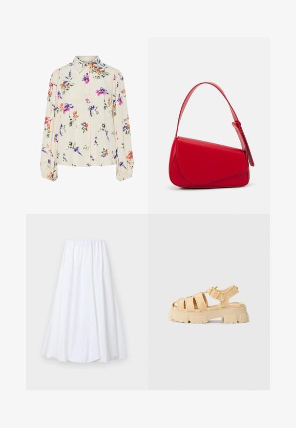 Blusa floral con mangas largas abullonadas, base color crema claro, con patrones florales en púrpura, naranja y verde, y diseño de cuello clásico.; Falda blanca hasta los tobillos con cinturilla elástica, hecha de una tela ligera con una textura suave y una silueta fluida.; Sandalias de plataforma beige con correas trenzadas y un broche. Suela gruesa con acabado texturizado. Diseño de punta abierta. Ligeras y casuales.; Bolso de cuero rojo con un diseño angular y geométrico. Cuenta con una única correa ajustable y un cierre de solapa con detalles de costura.