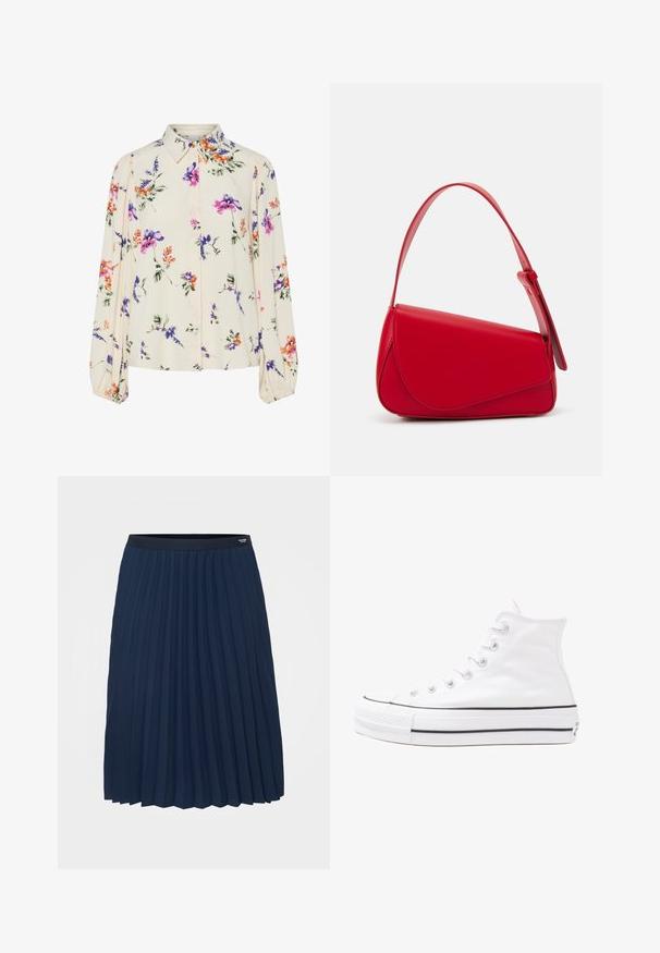 Floral blouse with long puff sleeves, light cream base, featuring purple, orange, and green floral patterns, and classic collar design.; Tommy Hilfiger Curve FLUID PLEATED MIDI SKIRT - Pleated skirt - dark night navy; White high-top canvas sneaker with black rubber sole, front rubber toe cap, and six eyelets for laces, featuring a clean, minimalist design.; Red leather handbag with an angular, geometric design. Features a single adjustable strap and a flap closure with stitched detailing.