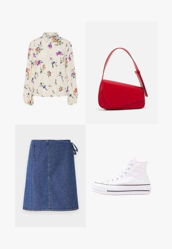 Blomstrete bluse med lange pufferm, lys kremfarge, med lilla, oransje og grønne blomster mønstre, og klassisk kragedesign.; Mørkeblå denim omslagskjørt. Har en rett snitt, synlig søm og en knytning på siden for justering. Glatt tekstur og standard kant.; Hvit høy-skinn kanvas sneakers med svart gummisåle, gummitåhette foran og seks hull for snorer, med et rent, minimalistisk design.; Rød lærveske med en vinklet, geometrisk design. Har en enkelt justerbar stropp og en klaffelukking med sydd detaljer.