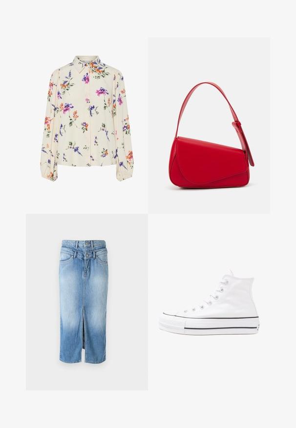 Virágmintás blúz hosszú puffos ujjakkal, világos krém alapon, lila, narancs és zöld virágmintázattal, klasszikus gallér dizájnnal.; Világoskék farmer szoknya elülső hasítékkal, két gombos záródással, magas derékkal és hagyományos öt zsebes kialakítással. Simaság jellemzi, közepes hosszúságú.; Fehér magaskorsó vászon sportcipő fekete gumi talppal, elülső gumi orrnyereggel és hat fűzőlyukkal, letisztult, minimalista dizájnnal.; Piros bőr kézitáska szögletes, geometrikus kialakítással. Egy állítható pánttal és varrott részletekkel ellátott fedélzárral rendelkezik.