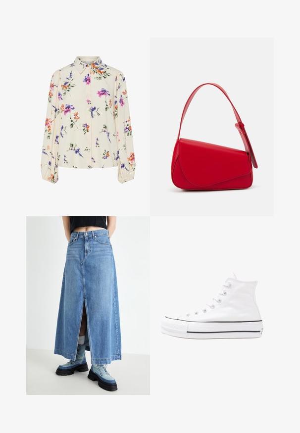 Blomstrete bluse med lange pufferm, lys kremfarge, med lilla, oransje og grønne blomster mønstre, og klassisk kragedesign.; GAP FEATHERWEIGHT SKIRT - Jeansskjørt - light wash indigo; Hvit høy-skinn kanvas sneakers med svart gummisåle, gummitåhette foran og seks hull for snorer, med et rent, minimalistisk design.; Rød lærveske med en vinklet, geometrisk design. Har en enkelt justerbar stropp og en klaffelukking med sydd detaljer.