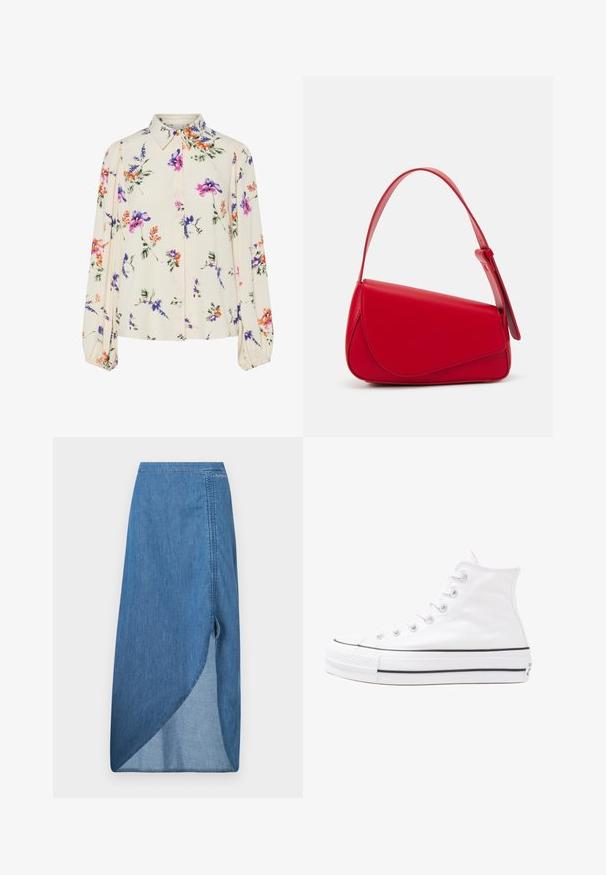 Virágmintás blúz hosszú puffos ujjakkal, világos krém alapon, lila, narancs és zöld virágmintázattal, klasszikus gallér dizájnnal.; Középkék farmer szoknya, magas hasítékkal, aszimmetrikus szegéllyel és textúrált felülettel. Tűzött varrásokkal és oldalsó hurok részlettel rendelkezik.; Fehér magaskorsó vászon sportcipő fekete gumi talppal, elülső gumi orrnyereggel és hat fűzőlyukkal, letisztult, minimalista dizájnnal.; Piros bőr kézitáska szögletes, geometrikus kialakítással. Egy állítható pánttal és varrott részletekkel ellátott fedélzárral rendelkezik.