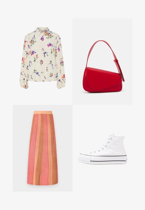 Virágmintás blúz hosszú puffos ujjakkal, világos krém alapon, lila, narancs és zöld virágmintázattal, klasszikus gallér dizájnnal.; Kötött midi szoknya, függőleges csíkokkal rózsaszín, arany és narancssárga árnyalatokban. Bordázott textúra, puha derékrésszel a kényelem érdekében.; Fehér magaskorsó vászon sportcipő fekete gumi talppal, elülső gumi orrnyereggel és hat fűzőlyukkal, letisztult, minimalista dizájnnal.; Piros bőr kézitáska szögletes, geometrikus kialakítással. Egy állítható pánttal és varrott részletekkel ellátott fedélzárral rendelkezik.