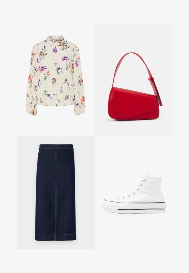 Cvetna bluzica z dolgimi puff rokavi, svetlo smetanaste barve, s purpurnimi, oranžnimi in zelenimi cvetličnimi vzorci ter klasičnim ovratnikom.; Denim midi krilo v temno modri barvi, s ravnim krojem, subtilnimi šivi in čistim robom.; Beli visoki platneni športni čevelj z črnim gumijastim podplatom, sprednjim gumijastim zaščitnikom za prste in šestimi luknjicami za vezalke, ki se ponaša s preprostim, minimalističnim dizajnom.; Rdeča usnjena torba z angularnim, geometrijskim dizajnom. Ima en samostoječ nastavljiv ročaj in pokrov, zaprt z zapiranjem, ki je okrašen s šivi.