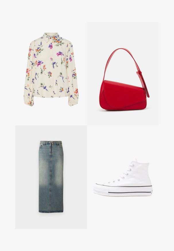 Blomstrete bluse med lange pufferm, lys kremfarge, med lilla, oransje og grønne blomster mønstre, og klassisk kragedesign.; Jeans midi skjørt i lyseblått med en falmet finish. Har glidelås og knappelukking foran, rett snitt og minimale sømdetaljer.; Hvit høy-skinn kanvas sneakers med svart gummisåle, gummitåhette foran og seks hull for snorer, med et rent, minimalistisk design.; Rød lærveske med en vinklet, geometrisk design. Har en enkelt justerbar stropp og en klaffelukking med sydd detaljer.