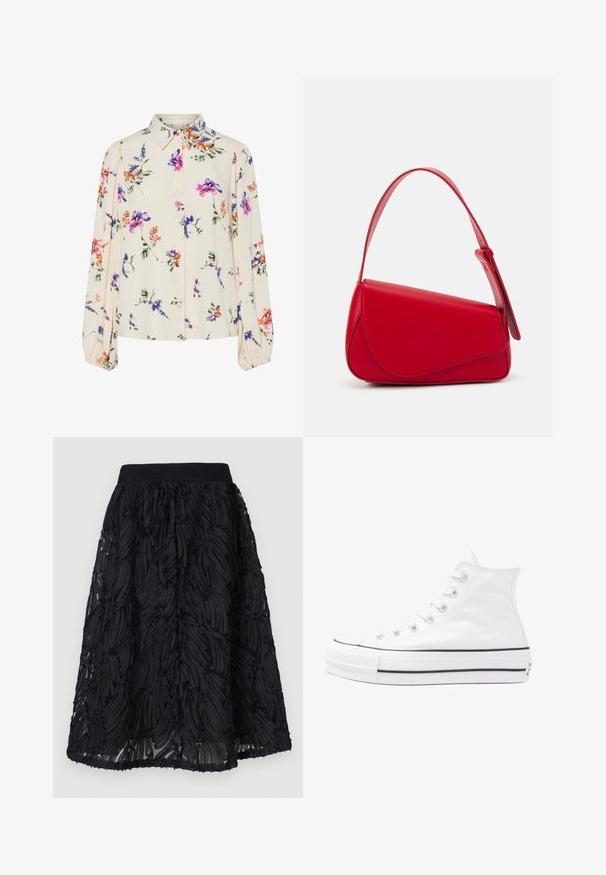 Floral blouse with long puff sleeves, light cream base, featuring purple, orange, and green floral patterns, and classic collar design.; Black skirt featuring a textured design with layered, wavy patterns. The fabric appears lightweight with a gathered waistband and flowing hemline.; White high-top canvas sneaker with black rubber sole, front rubber toe cap, and six eyelets for laces, featuring a clean, minimalist design.; Red leather handbag with an angular, geometric design. Features a single adjustable strap and a flap closure with stitched detailing.