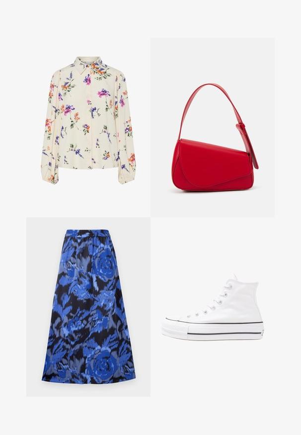 Kukkakuvioinen paita pitkillä puff-hihoilla, vaalean kerma pohja, jossa on violetteja, oransseja ja vihreitä kukkakuoseja sekä klassinen kaulustyyli.; Fald flared med et blåt blomstermønster på sort baggrund. Elastisk talje, letvægtsstof og knælængde design.; Valkoiset korkeavartiset kangaskengät mustalla kumipohjalla, edessä kuminen varvasosa ja kuusi nauha-aukkoa, puhtaan minimalistisella muotoilulla.; Punainen nahkalaukku, jossa on kulmikas, geometrinen muotoilu. Varustettu yhdellä säädettävällä hihnalla ja läpällä, jossa on ommeltu yksityiskohtia.