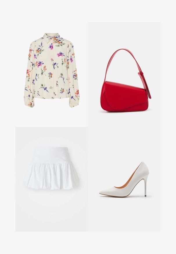 Virágmintás blúz hosszú puffos ujjakkal, világos krém alapon, lila, narancs és zöld virágmintázattal, klasszikus gallér dizájnnal.; Fehér, bő szabású szoknya, könnyű anyagból készült, ráncolt dizájnnal és kényelmes, gumis derékkal. Nincsenek látható minták vagy díszítések.; Fehér lakkbőr magassarkú pumpa hegyes orral és karcsú tűs sarkal, sima felülettel és bézs belső résszel.; Piros bőr kézitáska szögletes, geometrikus kialakítással. Egy állítható pánttal és varrott részletekkel ellátott fedélzárral rendelkezik.
