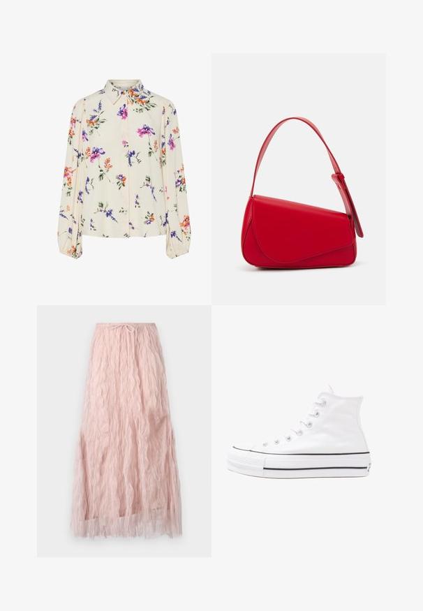 Blusa floral com mangas bufantes longas, base de creme claro, apresentando padrões florais em roxo, laranja e verde, e design de gola clássica.; Saia midi rosa pálido feita de um tecido texturizado e enrugado, com um cós elástico e detalhe de cordão. Cai abaixo do joelho.; Sapatilha alta de tela branca com sola de borracha preta, bico de borracha na frente e seis ilhós para os atacadores, apresentando um design limpo e minimalista.; Bolsa de mão em couro vermelho com um design angular e geométrico. Apresenta uma única alça ajustável e um fecho com aba, com detalhes cosidos.