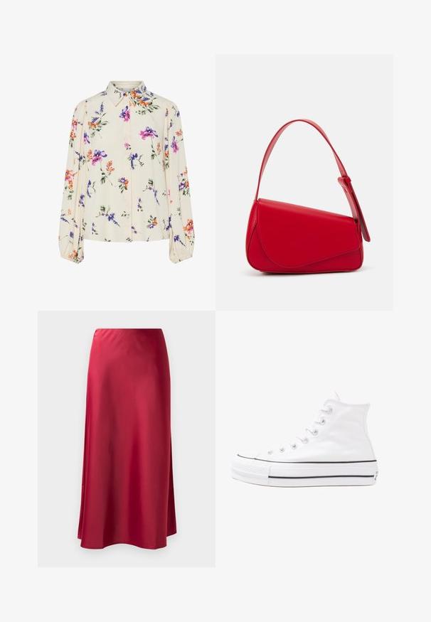 Kvetinová blúzka s dlhými puff rukávmi, svetlovo krémovej farby, so vzormi kvetov v purpurovej, oranžovej a zelenej farbe, a klasickým dizajnom goliera.; Červená saténová dlhá sukňa s hladkou textúrou, mierne rozšíreným strihom a bočným rozparkom pre ľahký pohyb. Žiadne viditeľné kovania ani ozdoby.; Biele vysoké plátené tenisky s čiernou gumovou podošvou, prednou gumovou špičkou a šiestimi okami na šnúrky, s čistým, minimalistickým dizajnom.; Červená kožená kabelka s ostrým, geometrickým dizajnom. Má jeden nastaviteľný popruh a uzatváranie na klopu so šitím.