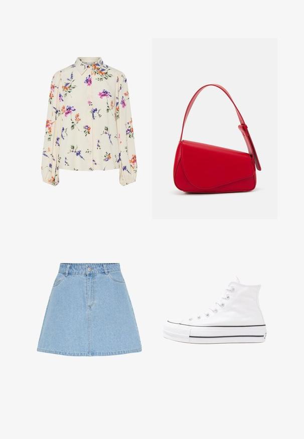 Blomstrete bluse med lange pufferm, lys kremfarge, med lilla, oransje og grønne blomster mønstre, og klassisk kragedesign.; Lyseblå denimskjørt med en flagrende form, høy liv, frontlommer og sølvfarget knappelukking i livet; ingen synlige mønstre.; Hvit høy-skinn kanvas sneakers med svart gummisåle, gummitåhette foran og seks hull for snorer, med et rent, minimalistisk design.; Rød lærveske med en vinklet, geometrisk design. Har en enkelt justerbar stropp og en klaffelukking med sydd detaljer.