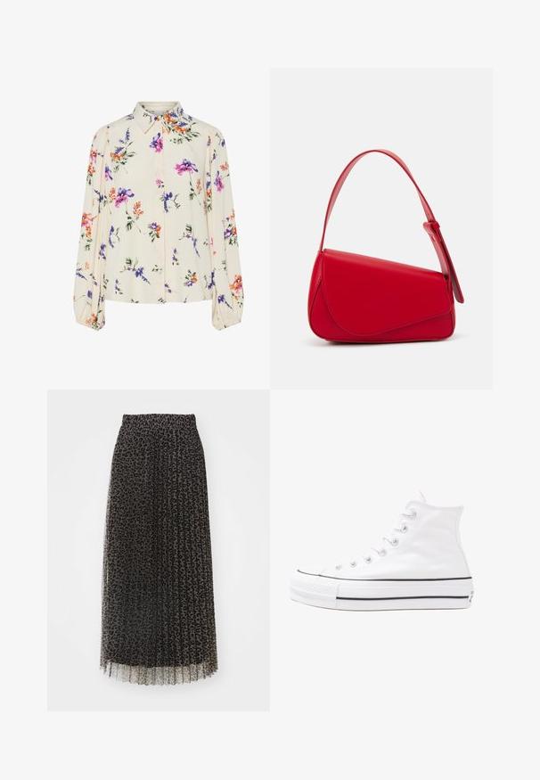 Blouse fleurie à manches bouffantes longues, base crème clair, ornée de motifs floraux violets, oranges et verts, avec un col classique.; Jupe maxi plissée en tulle noir avec un motif léopard. Dotée d'une taille élastique et d'une texture semi-transparente.; Baskets montantes en toile blanche avec semelle en caoutchouc noir, capuchon en caoutchouc à l'avant, et six œillets pour les lacets, présentant un design épuré et minimaliste.; Sac à main en cuir rouge avec un design angulaire et géométrique. Il dispose d'une seule sangle ajustable et d'une fermeture à rabat avec un detailing cousu.