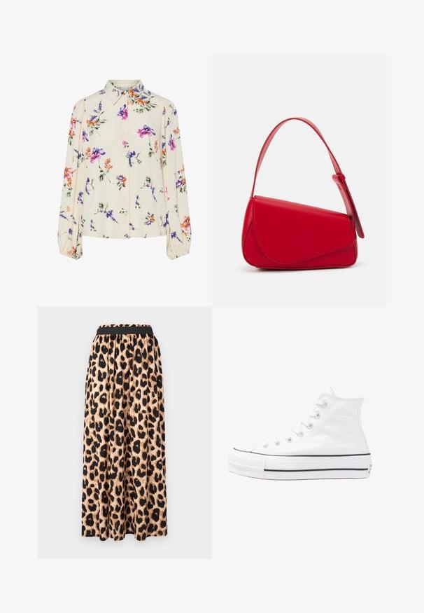 Květnatá blůza s dlouhými balónovými rukávy, světle krémové barvy, s fialovými, oranžovými a zelenými květinovými vzory a klasickým límečkem.; Maxi sukně s leopardím potiskem a černým elastickým pasem, vyrobená z hladké, splývavé látky a s rozšířeným střihem.; Bílé vysoké plátěné tenisky s černou gumovou podrážkou, přední gumovou špičkou a šesti očky na tkaničky, se čistým, minimalistickým designem.; Červená kožená kabelka s ostrým, geometrickým designem. Má jeden nastavitelný popruh a klopu s prošívanými detaily.