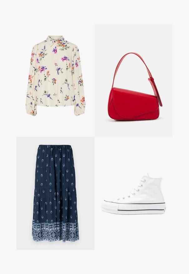 Gėlių bluzonas su ilgomis pūkuotomis rankovėmis, šviesiai kreminiu pagrindu, su violetiniais, oranžiniais ir žaliais gėlių raštais bei klasikiniu apykaklės dizainu.; Tamsiai mėlyna maksi sijonas su elastingu liemeniu ir šniūrele. Yra baltos gėlų raštai ir dekoratyvinis mėlynas raštuotas apvadas.; Balti aukštakulniai drobės sportbačiai su juodu guminio pado, priekinio guminio piršto dangteliu ir šešiais akytėmis raištams, pasižymintys švariu, minimalistiniu dizainu.; Raudona odinė rankinė su kampuota, geometrine forma. Pasižymi viena reguliuojama dirželiu ir dangteliu su siuvinėtais dekoracijomis.